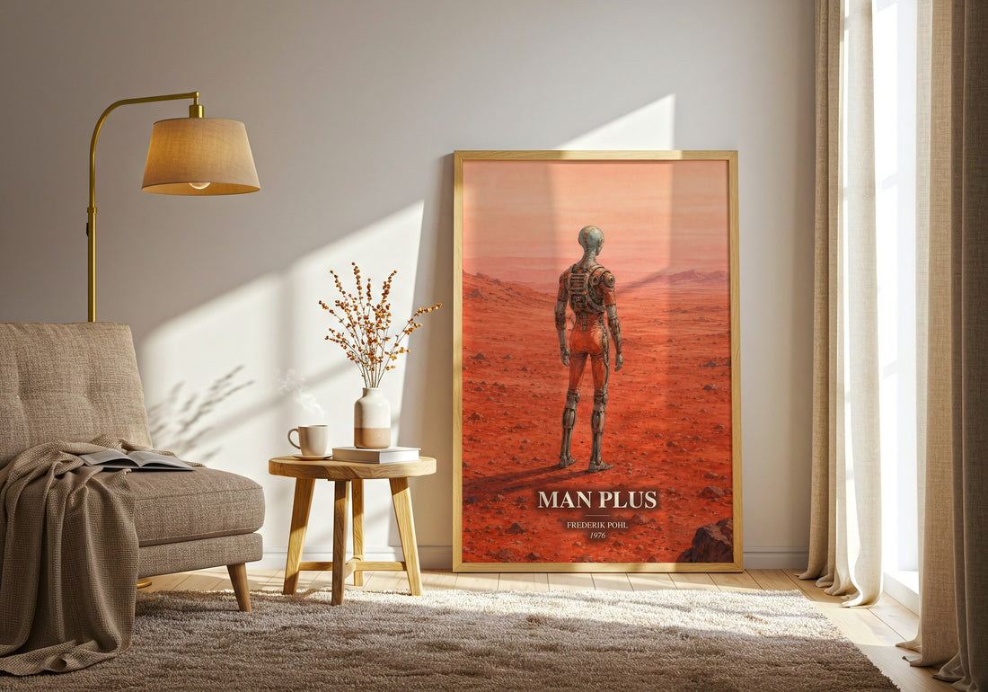 Man Plus watercolour print in frame leaning in hallway – sci fi wall art