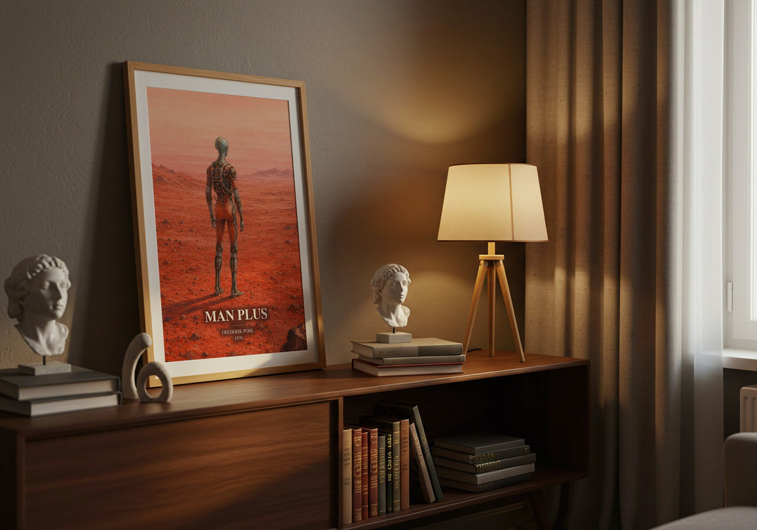 Man Plus watercolour print on bookshelf – Frederik Pohl fan gift