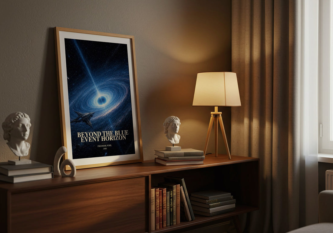 Beyond the Blue Event Horizon watercolour print on bookshelf – Frederik Pohl fan gift