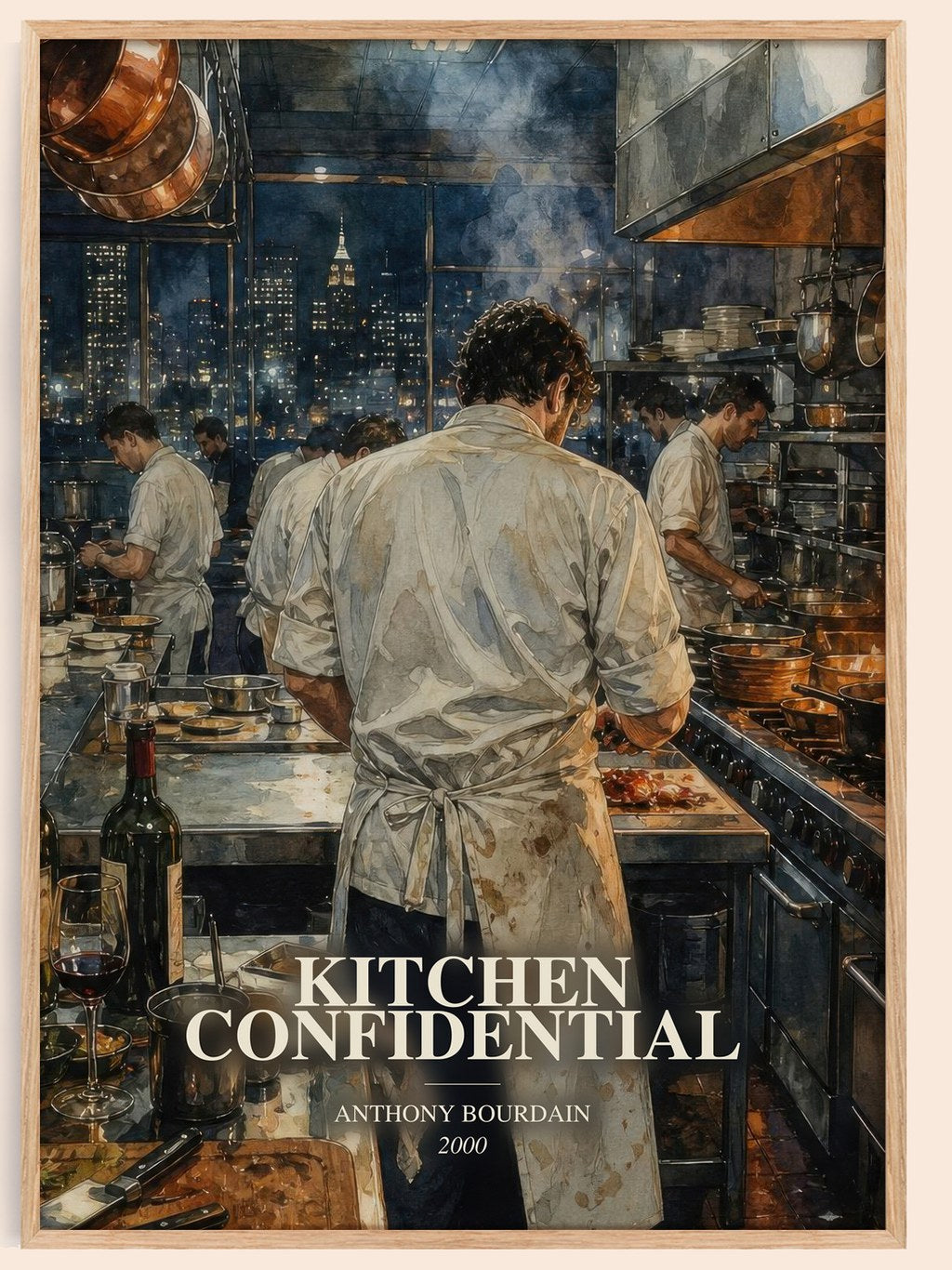 Kitchen Confidential watercolour book poster by Anthony Bourdain – framed literary art print
