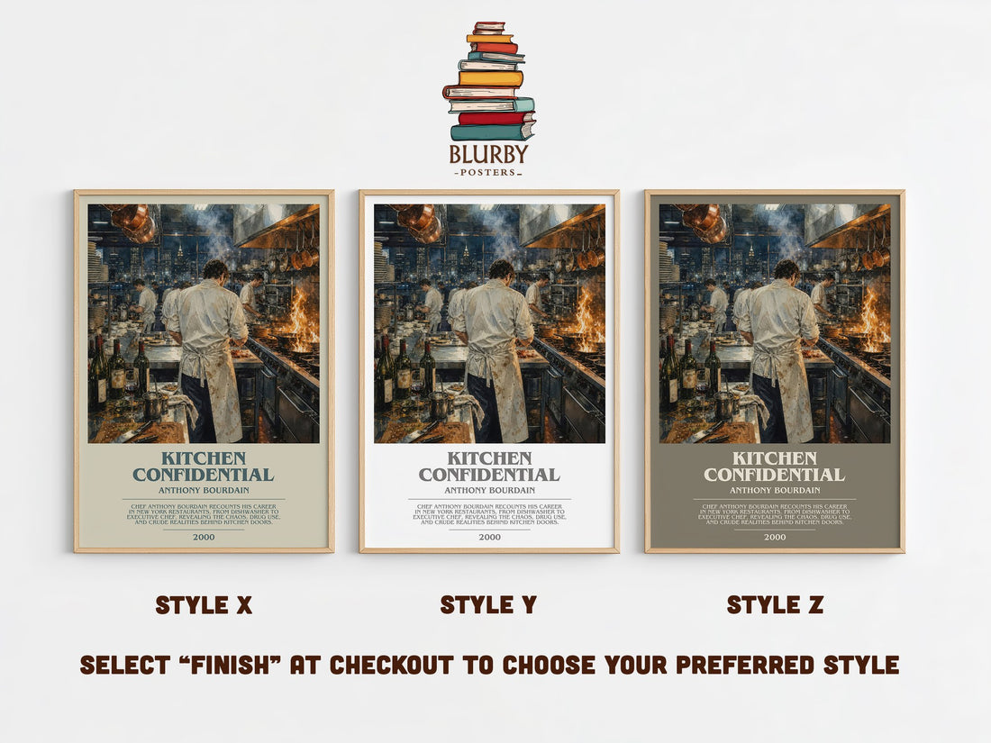 Kitchen Confidential bookish print in frame leaning in hallway – memoir wall art (mockup)