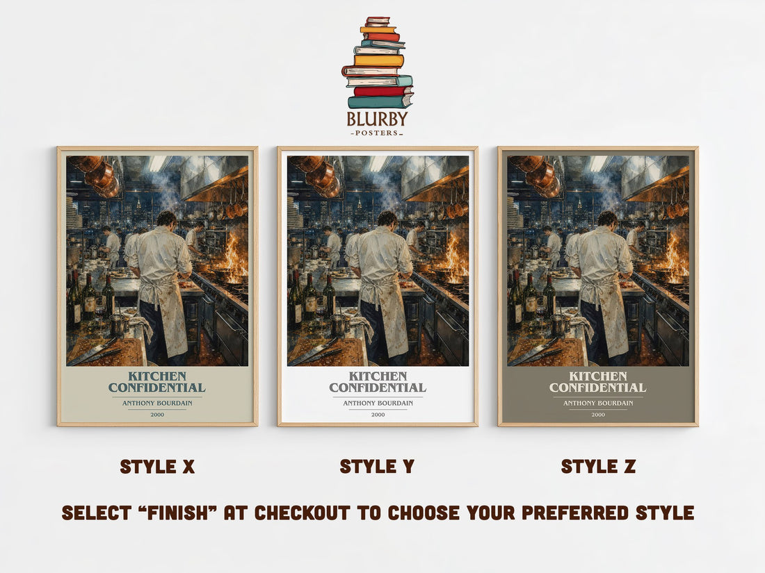 Kitchen Confidential book cover print in frame leaning in hallway – memoir wall art (mockup)