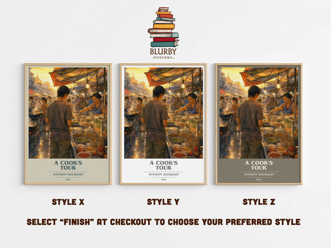 A Cook's Tour book cover print in frame leaning in hallway – memoir wall art (mockup)