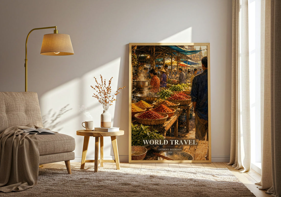 World Travel watercolour print in frame leaning in hallway – non fiction wall art