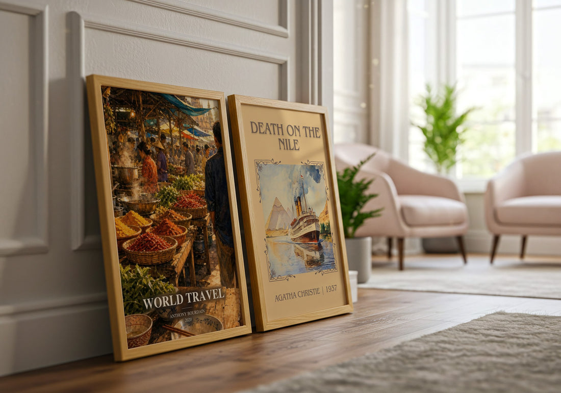 World Travel watercolour print framed by window – literary home decor
