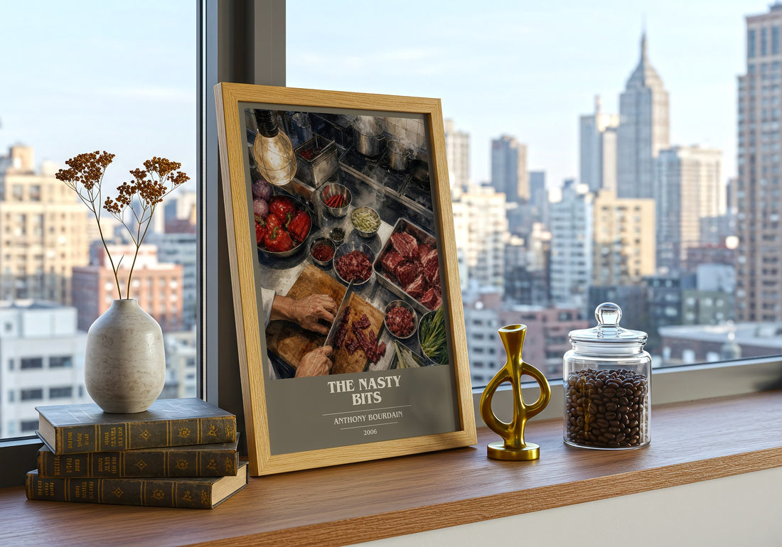 The Nasty Bits book cover print framed by window – literary home decor