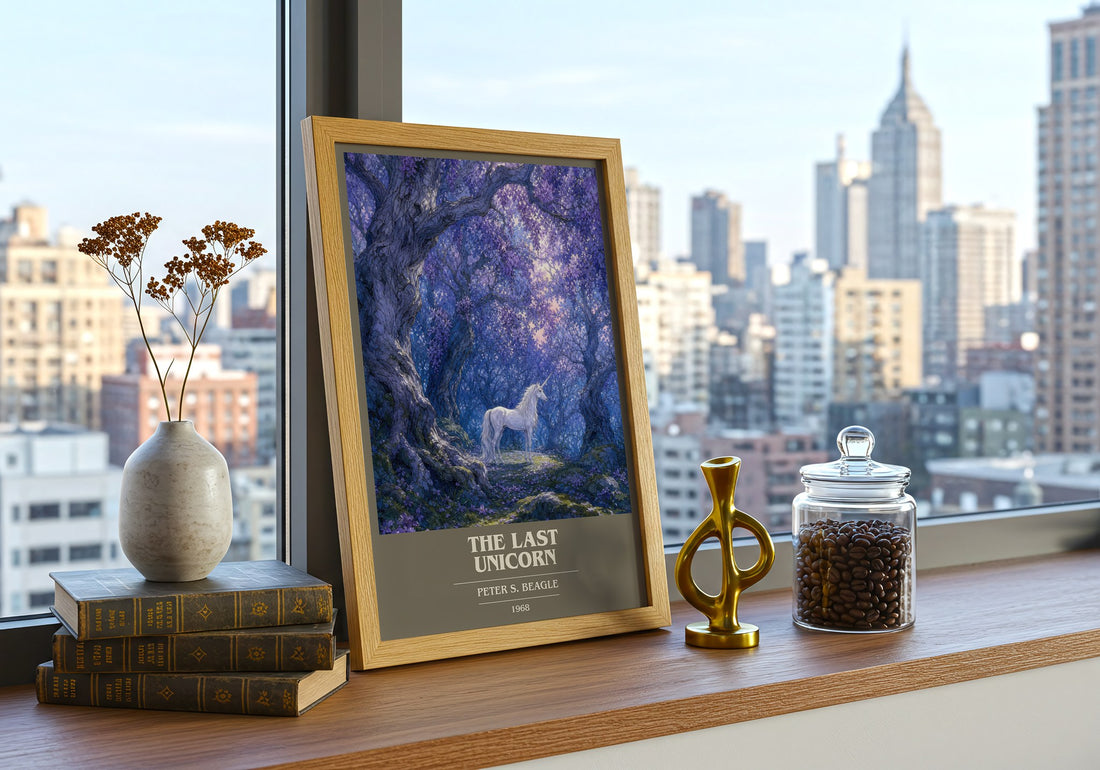 The Last Unicorn book cover print framed by window – literary home decor