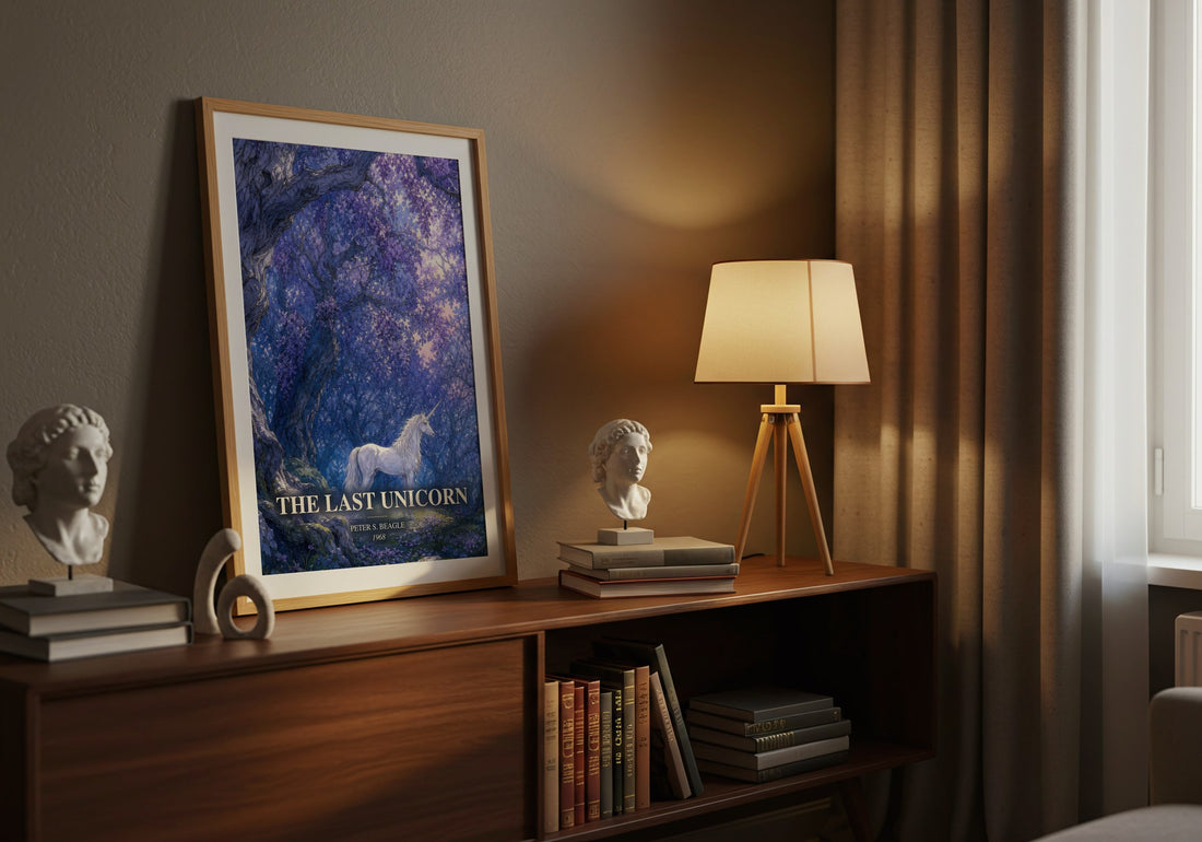 The Last Unicorn watercolour print on bookshelf – Peter S. Beagle fan gift