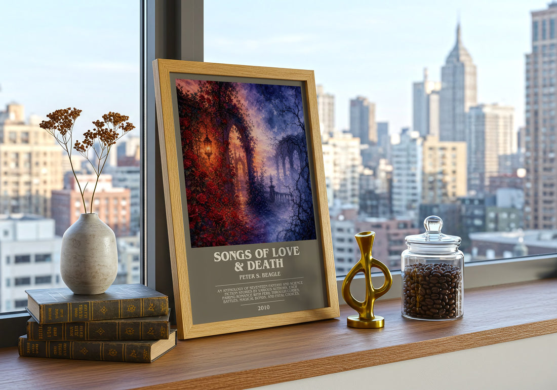 Songs of love & death bookish print framed by window – literary home decor