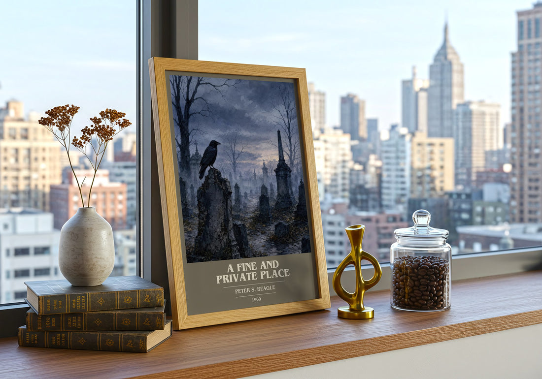 A Fine and Private Place book cover print framed by window – literary home decor