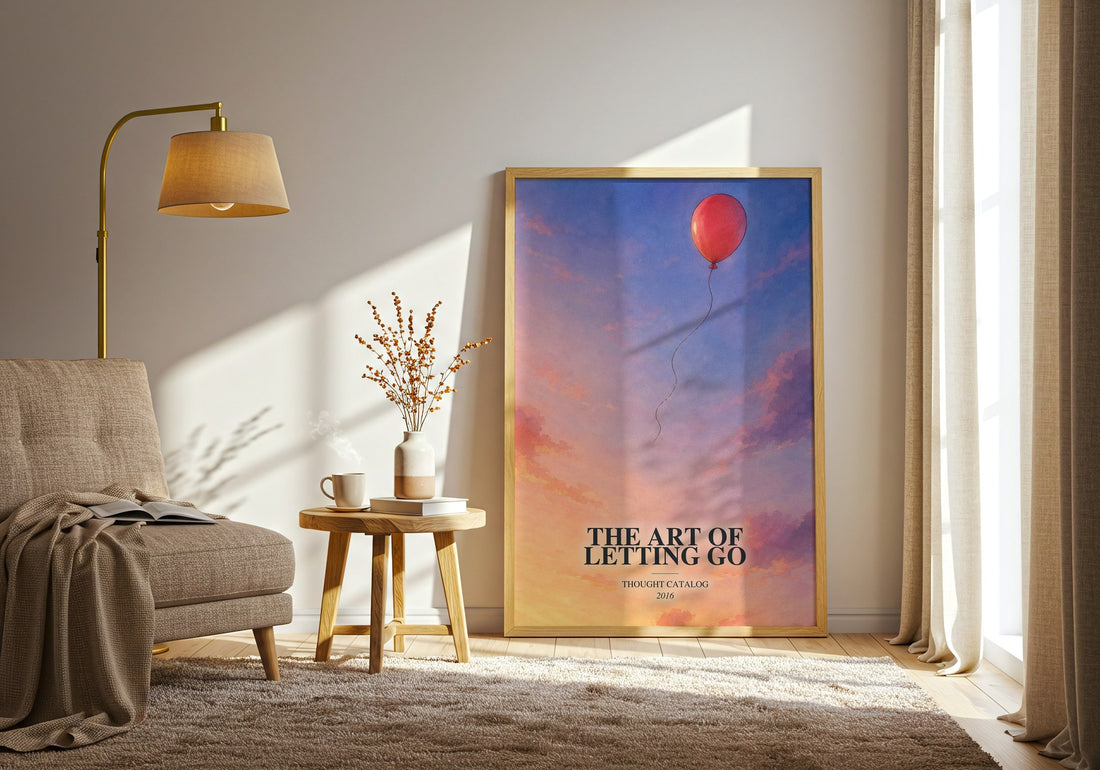 The Art of Letting Go watercolour print in frame leaning in hallway – memoir wall art