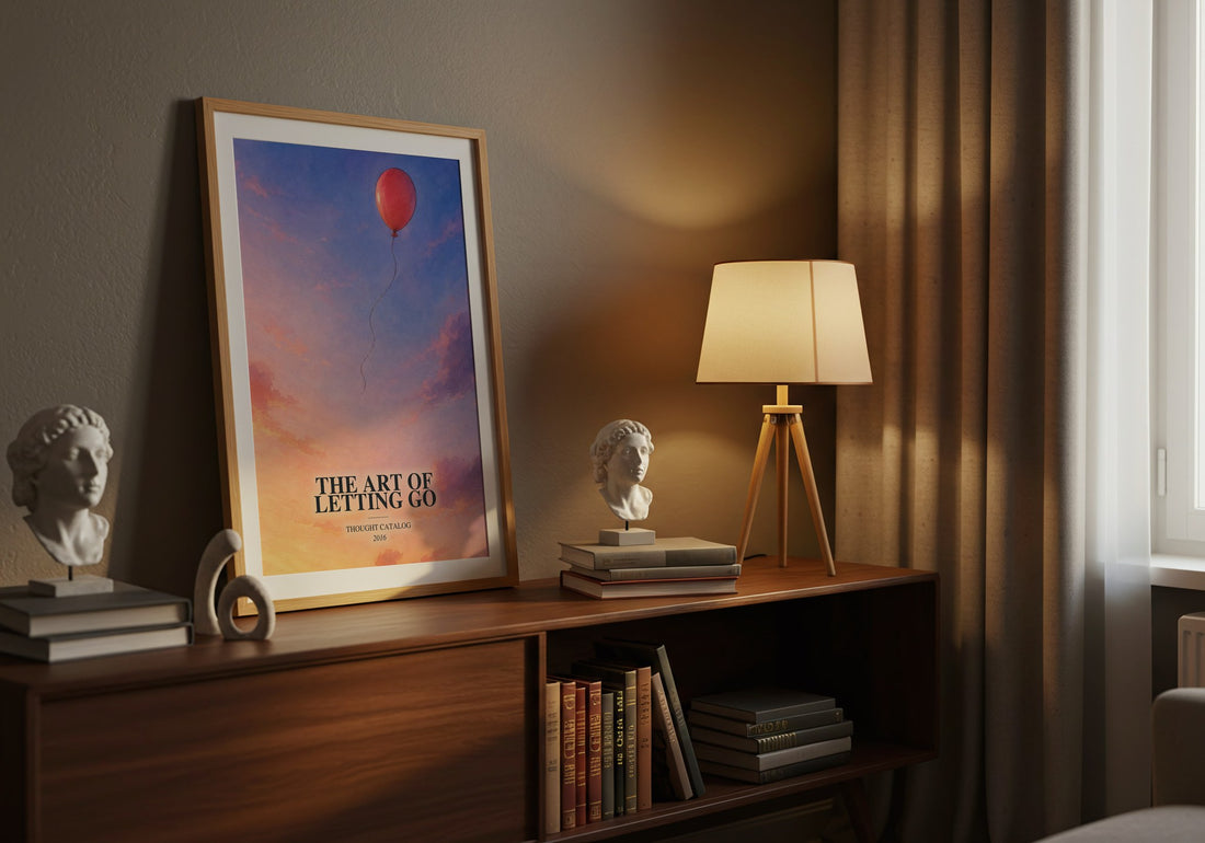 The Art of Letting Go watercolour print on bookshelf – Thought Catalog fan gift
