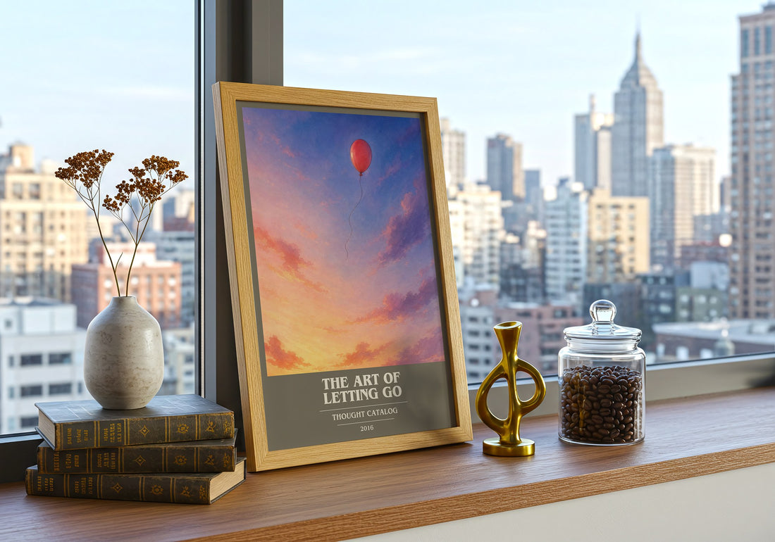 The Art of Letting Go book cover print framed by window – literary home decor