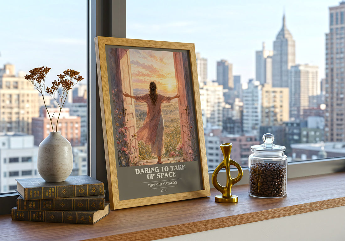 Daring To Take Up Space book cover print framed by window – literary home decor