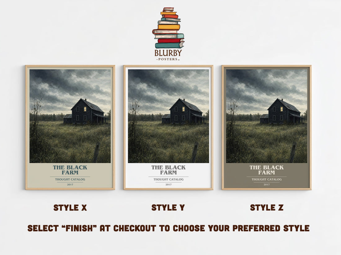 The Black Farm book cover print in frame leaning in hallway – horror wall art (mockup)