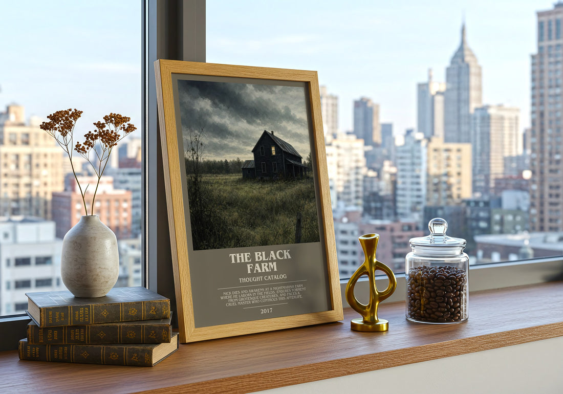 The Black Farm bookish print framed by window – literary home decor