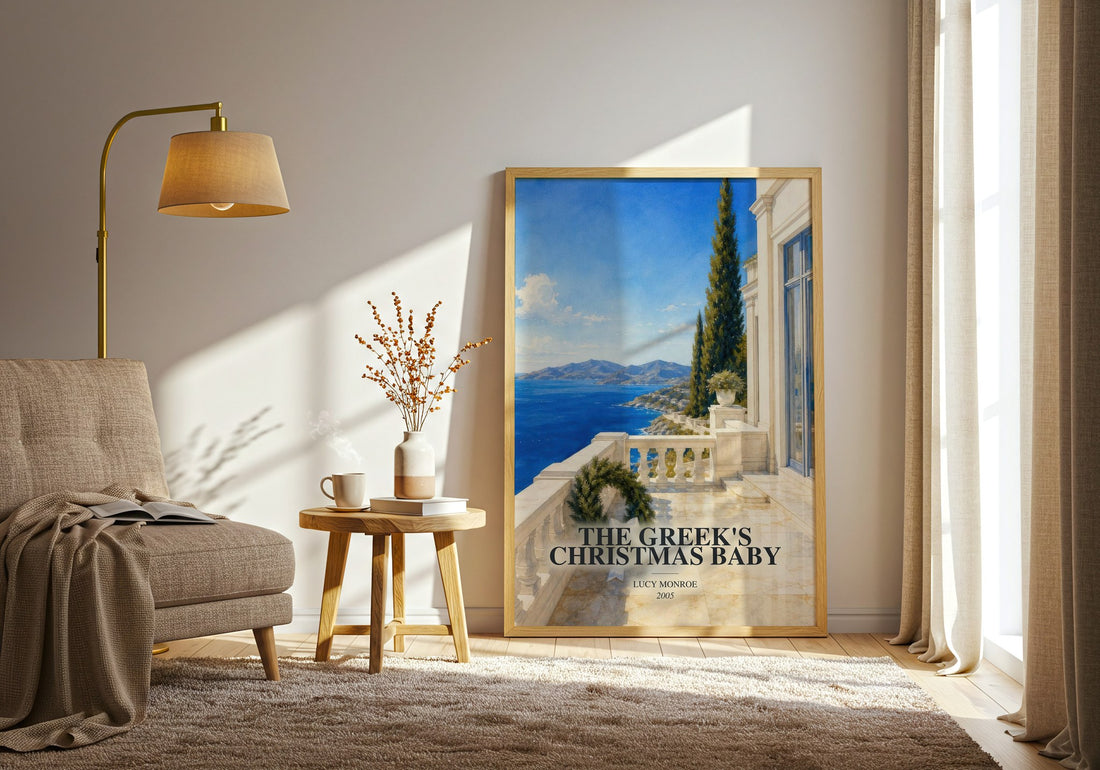 The Greek's Christmas Baby watercolour print in frame leaning in hallway – romance wall art