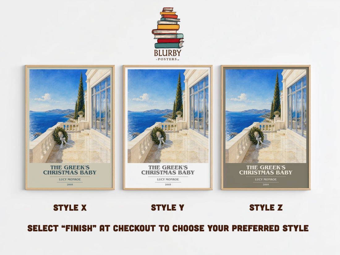 The Greek's Christmas Baby book cover print in frame leaning in hallway – romance wall art (mockup)