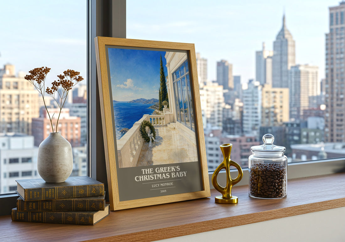 The Greek's Christmas Baby book cover print framed by window – literary home decor