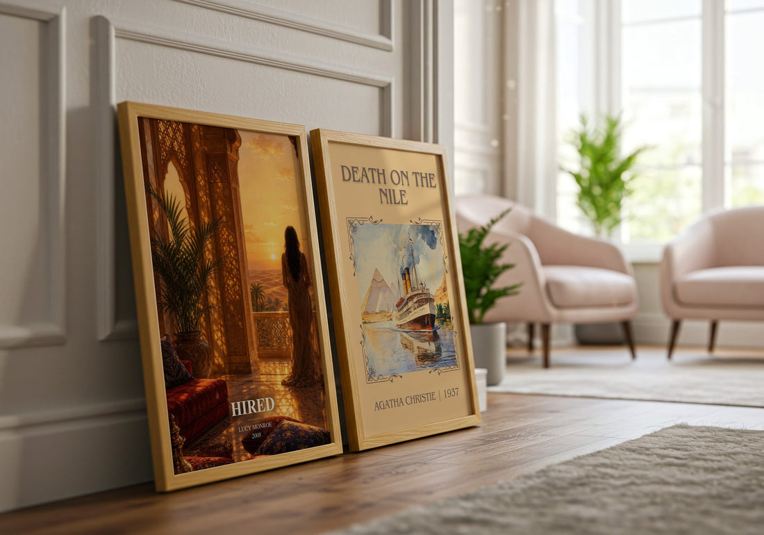 Hired watercolour print framed by window – literary home decor