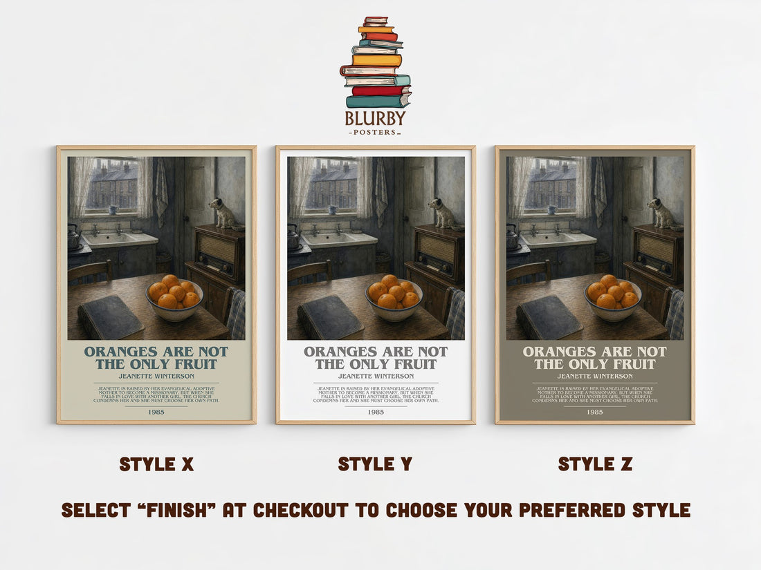 Oranges Are Not the Only Fruit bookish print in frame leaning in hallway – literary fiction wall art (mockup)