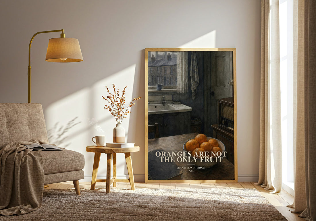 Oranges Are Not the Only Fruit watercolour print in frame leaning in hallway – literary fiction wall art