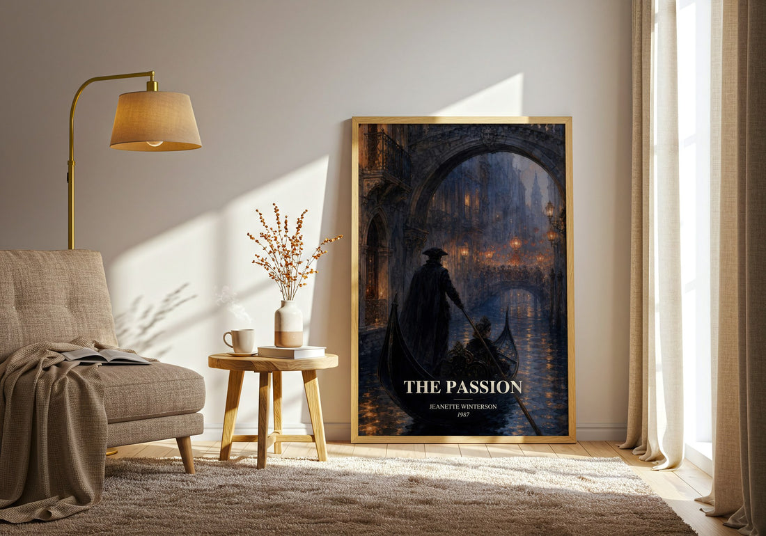 The passion watercolour print in frame leaning in hallway – literary fiction wall art