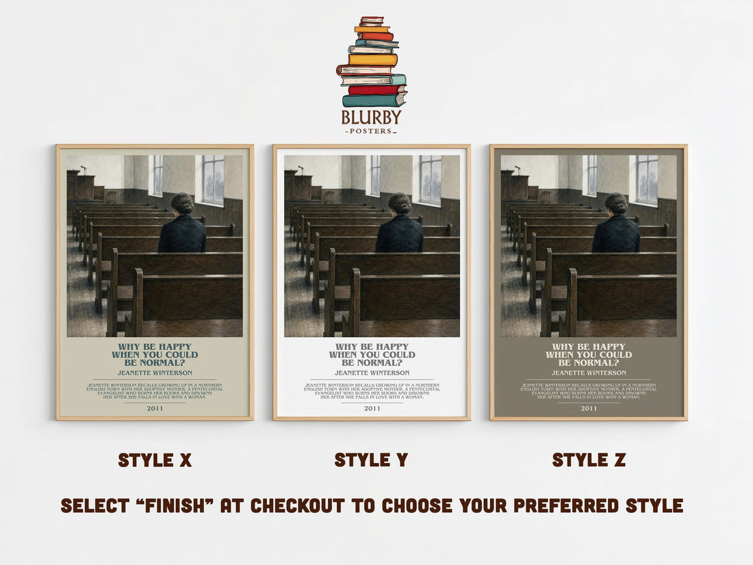Why Be Happy When You Could Be Normal? bookish print in frame leaning in hallway – memoir wall art (mockup)