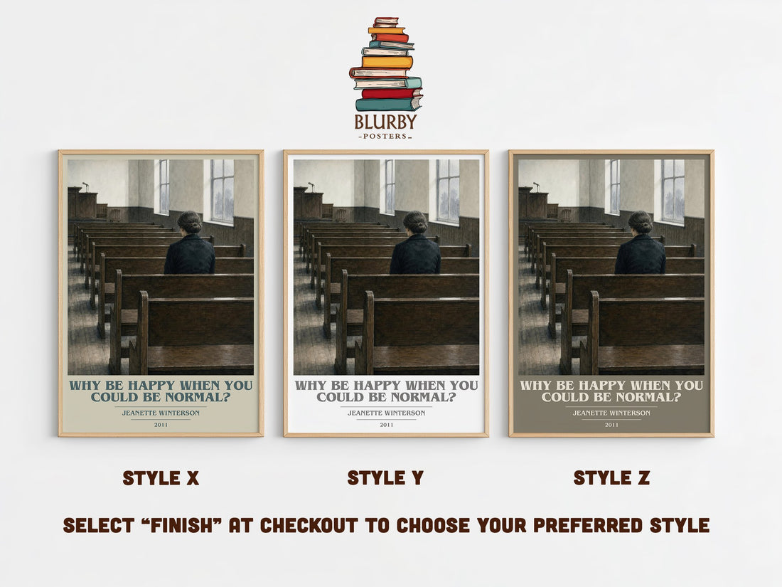Why Be Happy When You Could Be Normal? book cover print in frame leaning in hallway – memoir wall art (mockup)