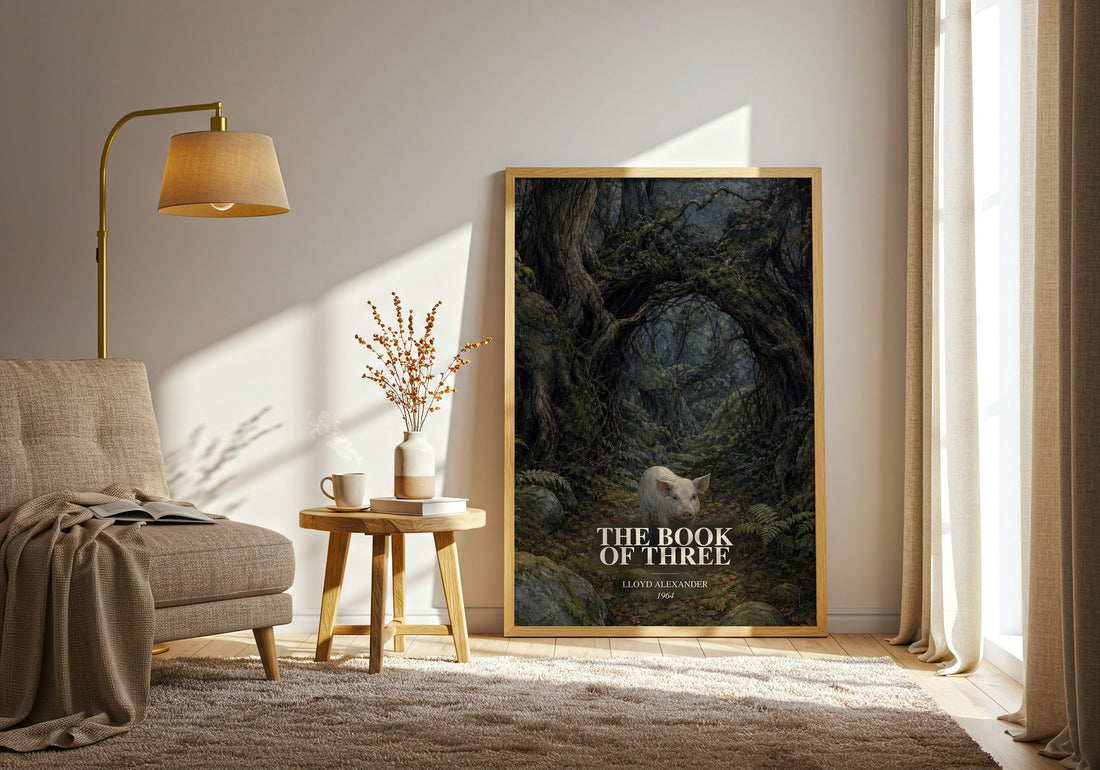 The Book Of Three watercolour print in frame leaning in hallway – fantasy wall art