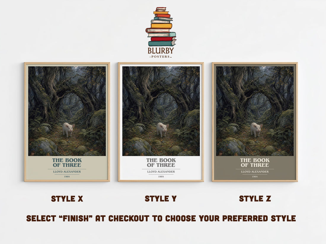The Book Of Three book cover print in frame leaning in hallway – fantasy wall art (mockup)