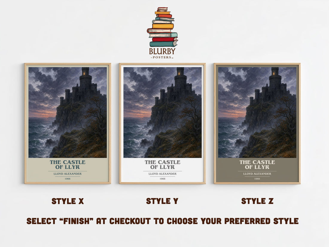 The Castle of Llyr book cover print in frame leaning in hallway – fantasy wall art (mockup)