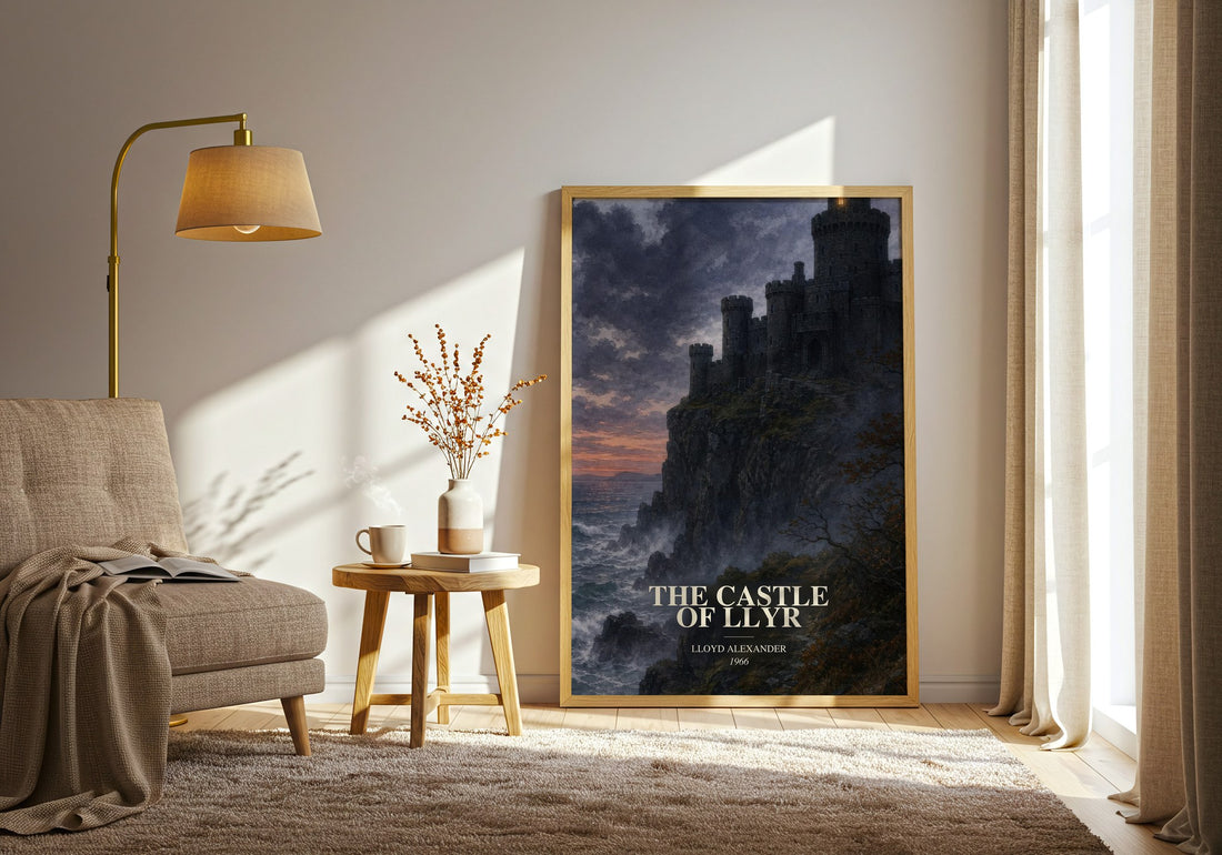 The Castle of Llyr watercolour print in frame leaning in hallway – fantasy wall art