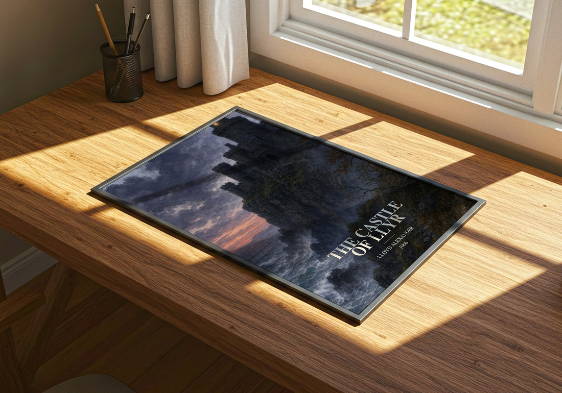 The Castle of Llyr watercolour book poster framed on wall – fantasy wall art