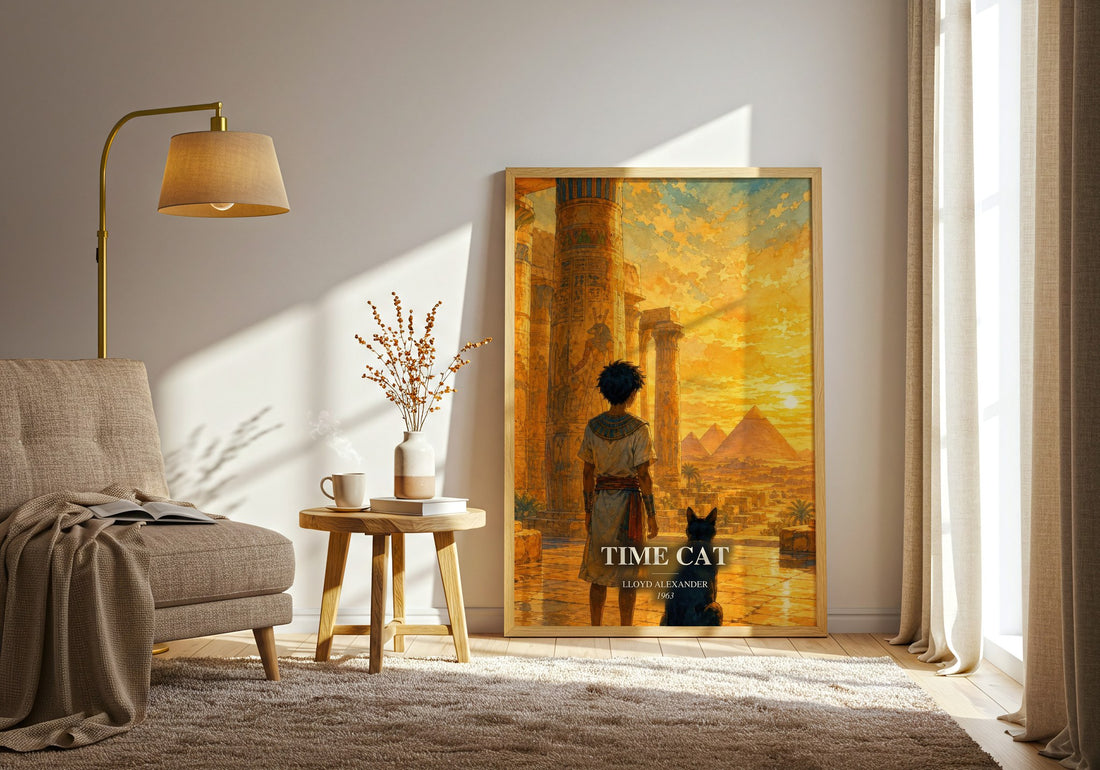 Time Cat watercolour print in frame leaning in hallway – childrens wall art