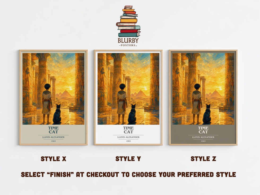Time Cat book cover print in frame leaning in hallway – childrens wall art (mockup)