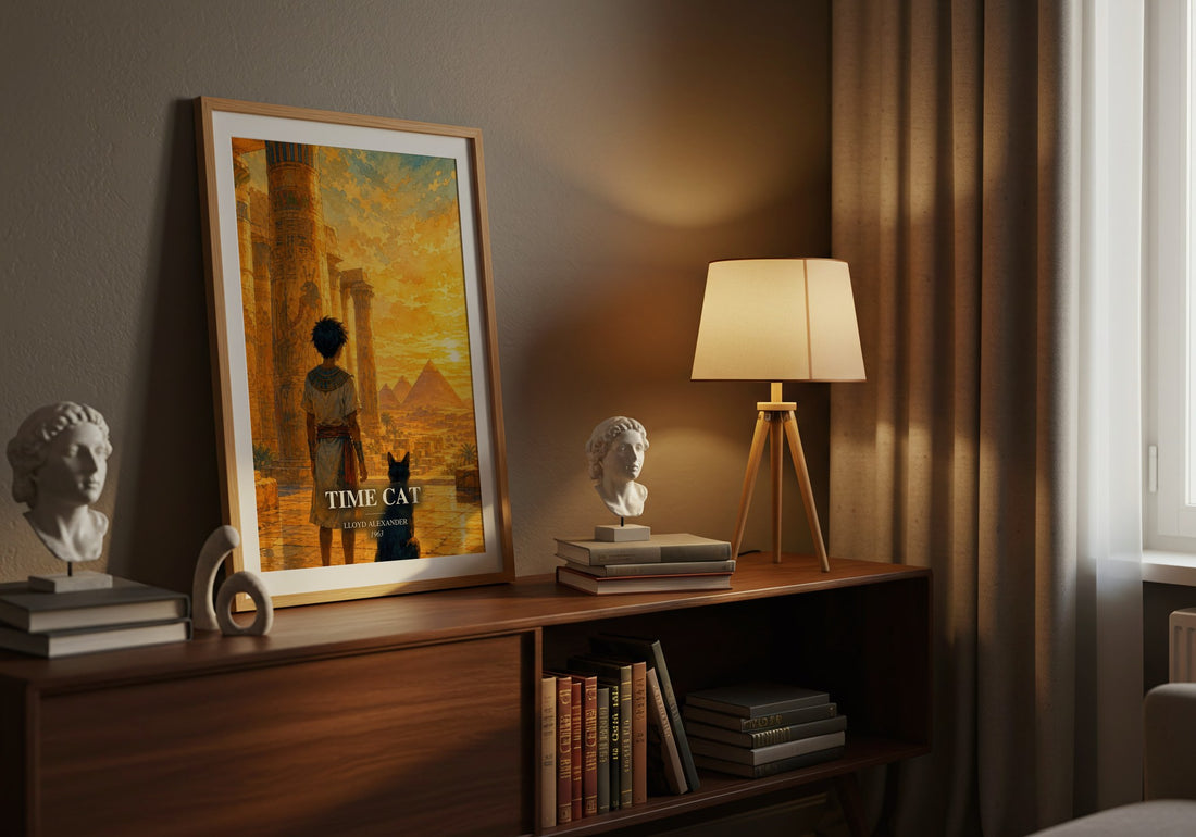 Time Cat watercolour print on bookshelf – Lloyd Alexander fan gift