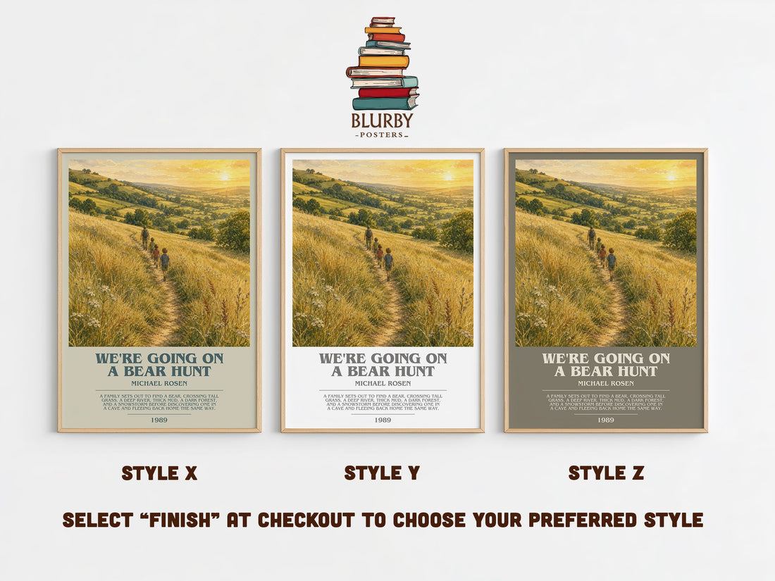 We're Going on a Bear Hunt bookish print in frame leaning in hallway – childrens wall art (mockup)