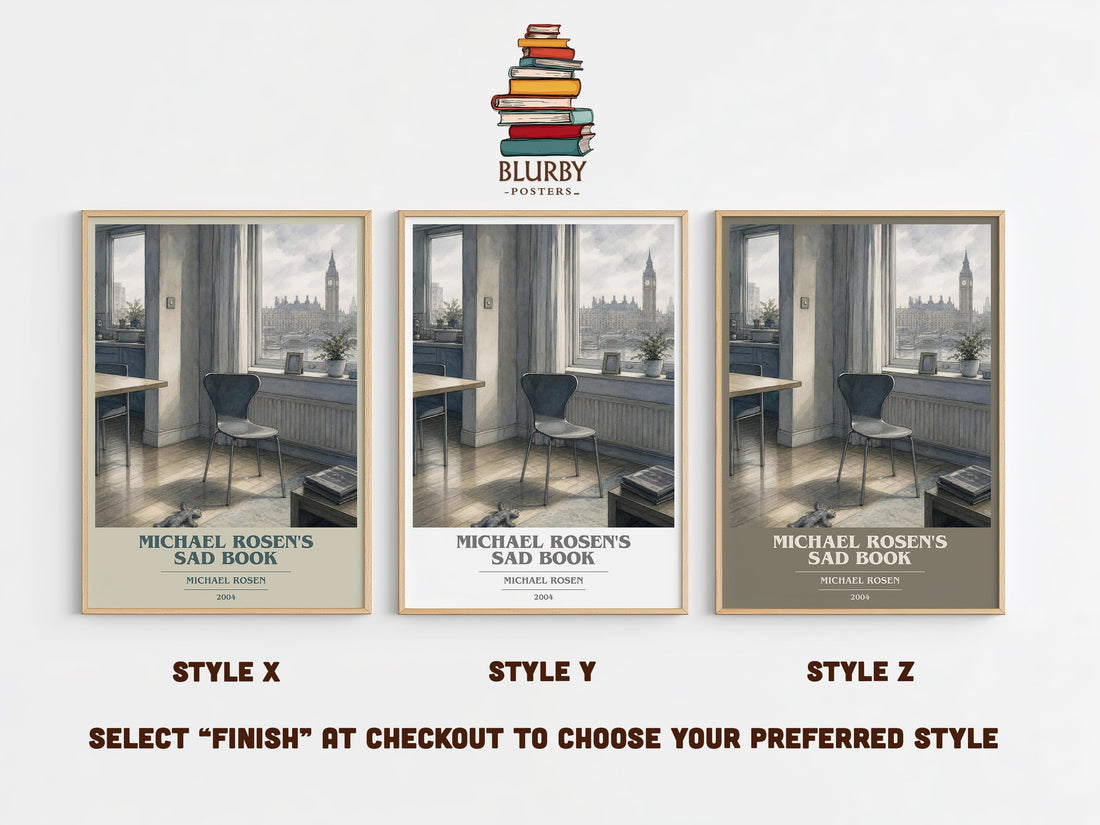 Michael Rosen's sad book book cover print in frame leaning in hallway – childrens wall art (mockup)