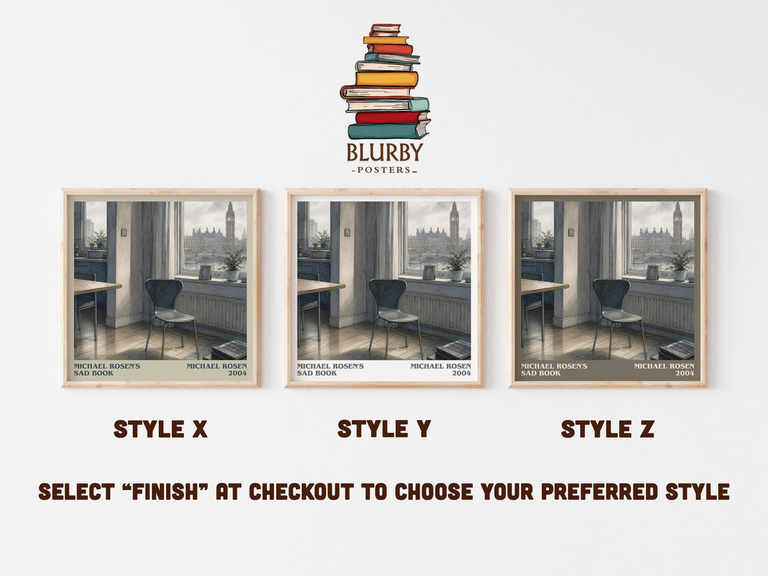 Michael Rosen's sad book literary print in frame leaning in hallway – childrens wall art (mockup)