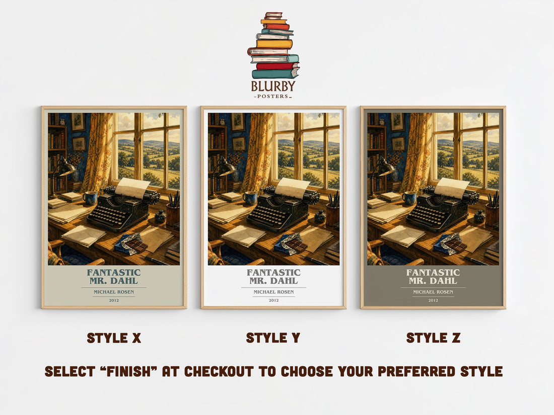 Fantastic Mr. Dahl book cover print in frame leaning in hallway – non fiction wall art (mockup)