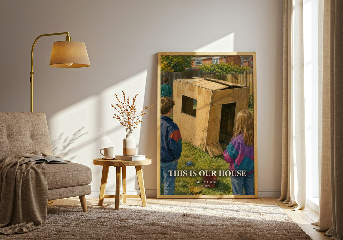 This is our house watercolour print in frame leaning in hallway – childrens wall art