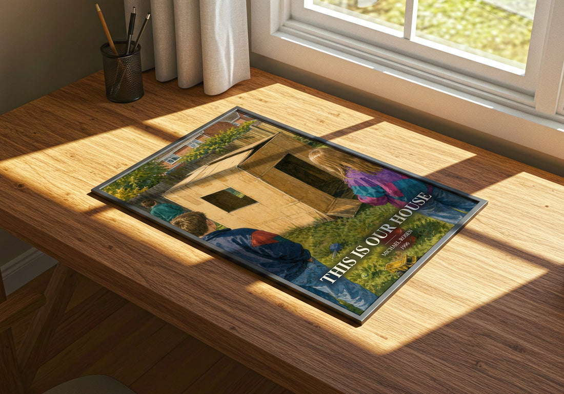 This is our house watercolour book poster framed on wall – childrens wall art