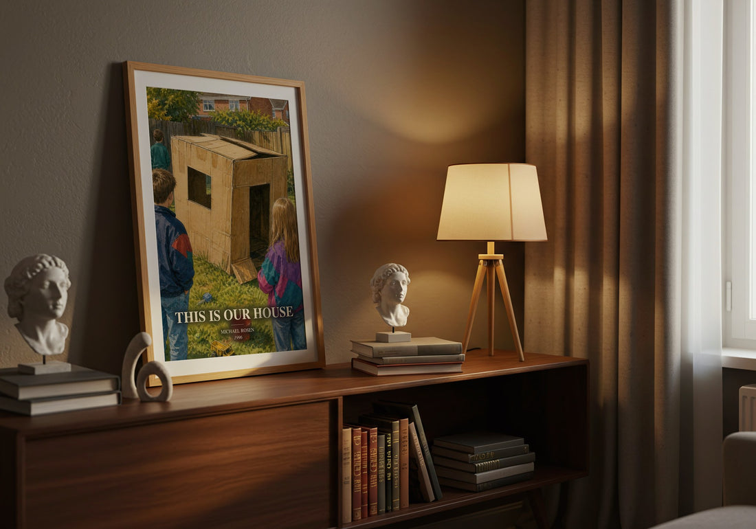 This is our house watercolour print on bookshelf – Michael Rosen fan gift