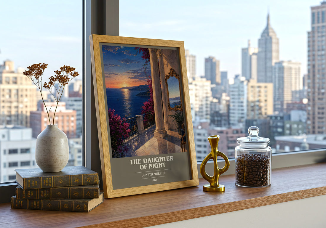 The daughter of night book cover print framed by window – literary home decor