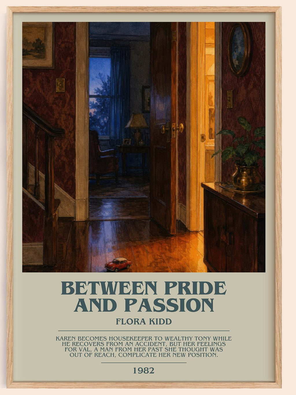 Between Pride and Passion bookish book poster by Flora Kidd – framed literary art print