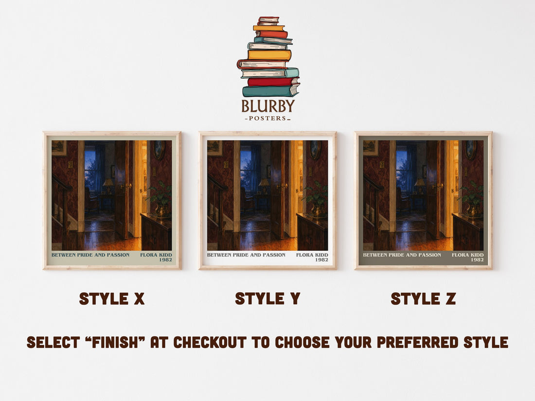 Between Pride and Passion literary print in frame leaning in hallway – romance wall art (mockup)