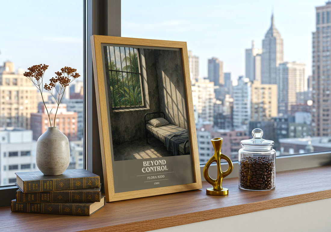 Beyond Control book cover print framed by window – literary home decor