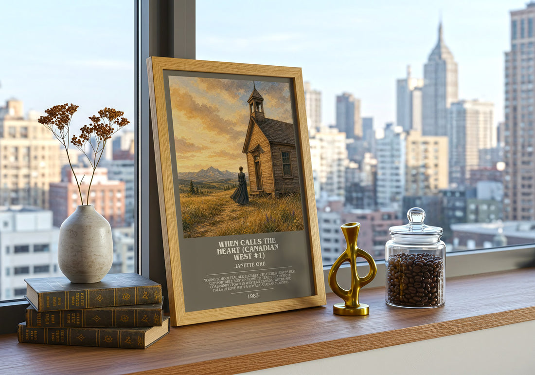 When Calls the Heart (Canadian West #1) Bookish Wall Art by J. Oke – framed print on a city-view windowsill