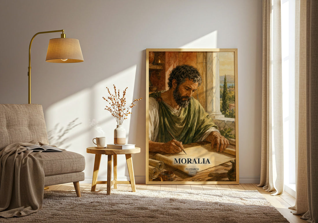 Moralia watercolour print in frame leaning in hallway – philosophy wall art